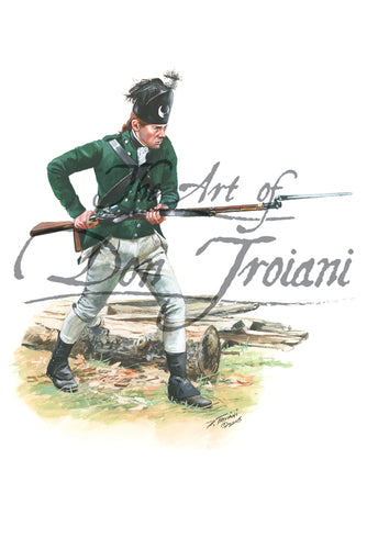 Don Troiani wall art print Queen’s Rangers, 1st American Regiment, 1780-82. He is wearing a green uniform.