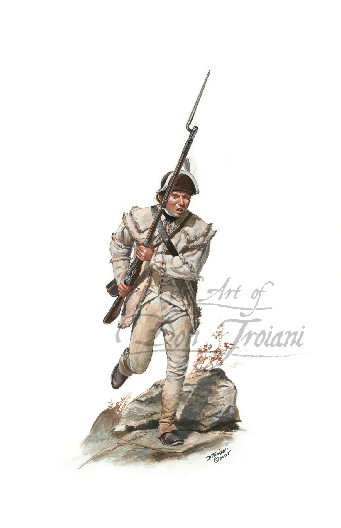 Posey's Battalion. Illustration of a soldier in uniform with a rifle, standing on a rock.