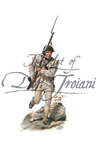 Don Troiani wall art print Posey's Battalion. Soldier dressed in white uniform charging with musket and bayonet.