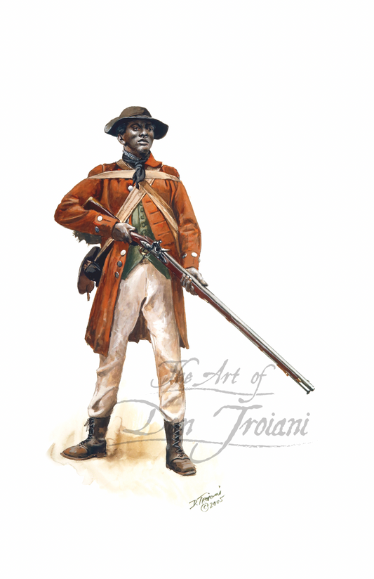 Black Militiaman. Artistic depiction of a person in colonial attire holding a rifle, with 'The Art of Don Troiani' logo.