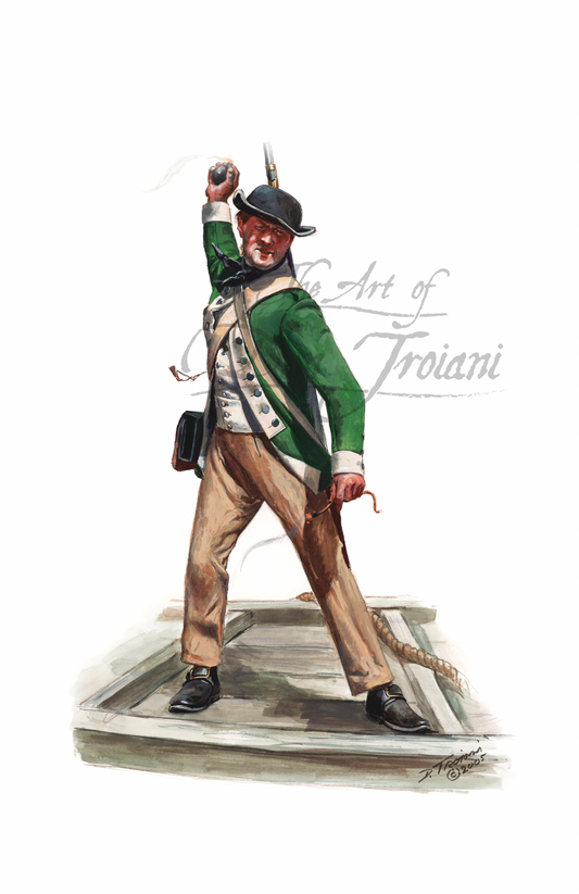 Continental Marine With Hand Grenade. Illustration of a historical figure in green coat and tan pants, holding a rifle.