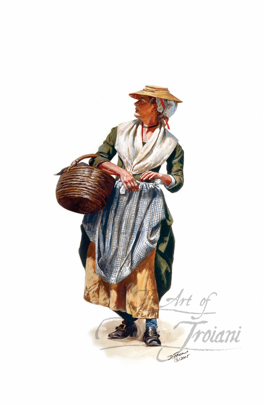 Colonial Woman. Illustration of a woman holding a basket, wearing a traditional outfit with a white apron and straw hat.