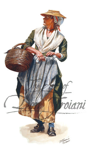 Don Troiani wall art print Colonial Woman.  Woman is wearing long dress and she is carrying a woven basket.