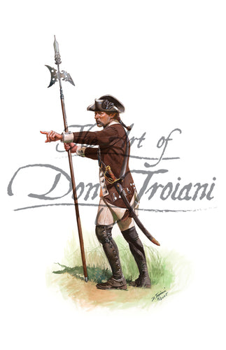 Wall art print of Continental Infantry Sergeant of Greaton's 24th Regiment. Soldier is holding spontoon and armed with a sword.