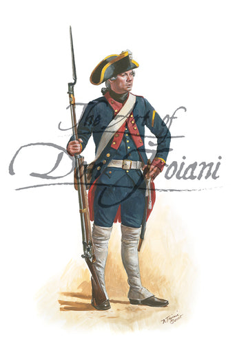 Don Troiani wall art French Naval Infantry Corporal 1778. Soldier is wearing blue uniform while holding a musket with bayonet.