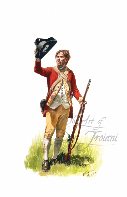 Continental Infantry. Illustration of a historical figure holding a tricorn hat and rifle on a grassy background.