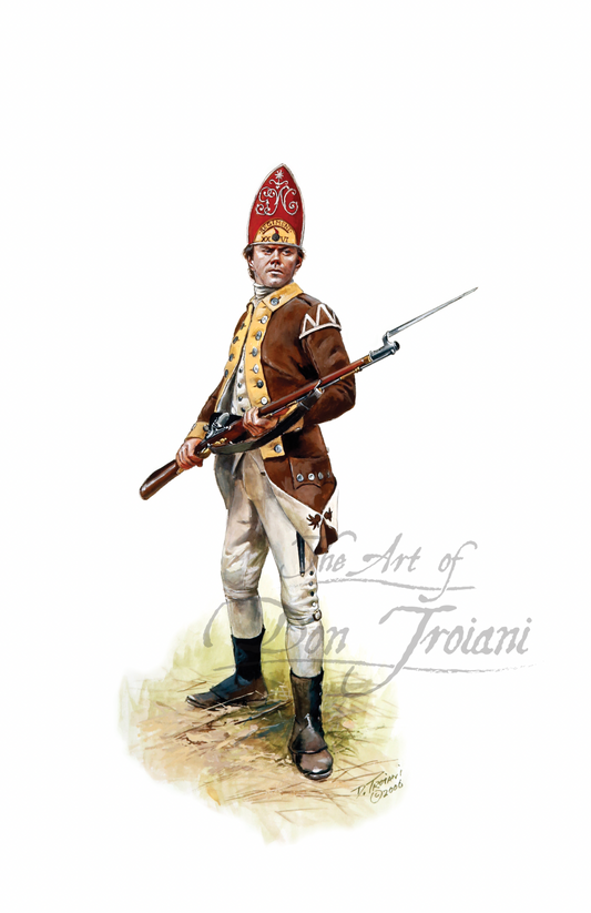 Grenadier Company. Illustration of a soldier in historical uniform with a rifle, signed 'The Art of Don Troiani'.