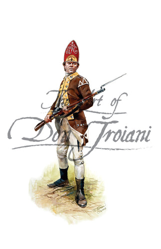 Don Troiani wall art print George Washington Grenadiers. Soldier in white uniform with brown jacket holding musket with bayonet.