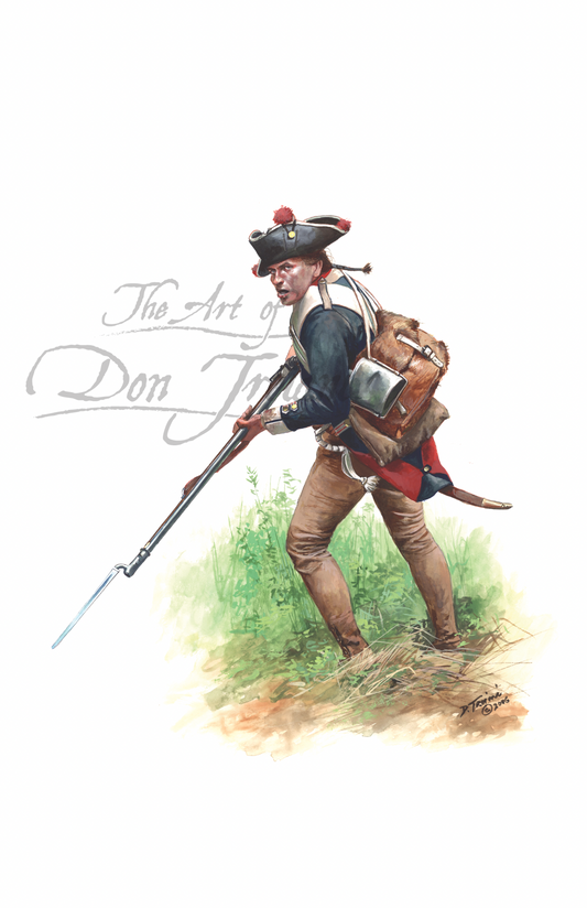 Musketeer Hessian Regiment Von Bose. Illustration of a Revolutionary War soldier with a rifle and backpack on a white background, featuring the text 'The Art of Don Troiani'.