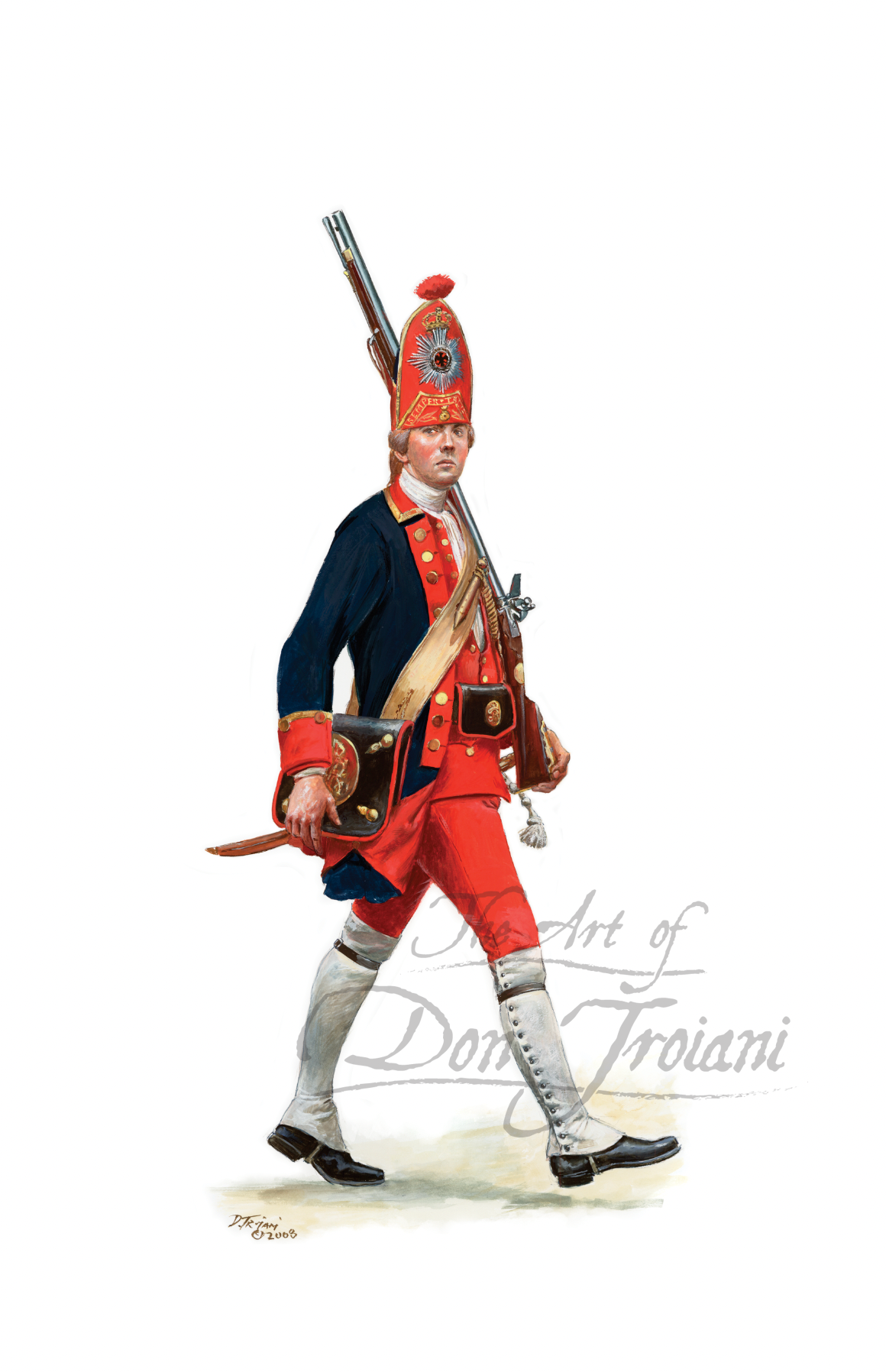 Prussian Grenadier, Potsdam Rothes Leib Battalion Artistic depiction of a soldier in historical military uniform with a rifle.