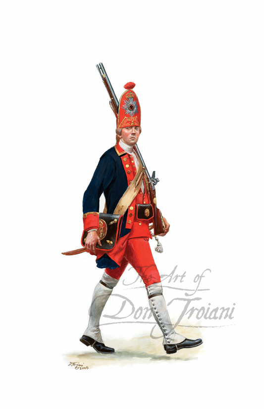 Prussian Grenadier, Potsdam Rothes Leib Battalion Artistic depiction of a soldier in historical military uniform with a rifle.
