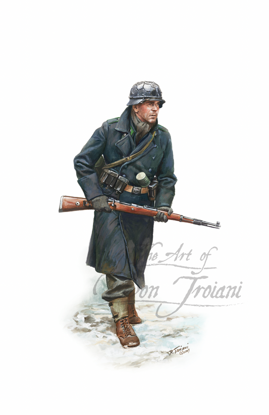 Luftwaffe Jäger 18th Volksgrenadier Division, Ardennes 1944 - World War II Illustration of a soldier in winter uniform with a rifle on a white background, signed 'The Art of Don Troiani'.