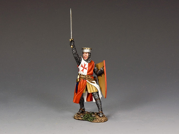 Victory is Ours. Templar knight toy soldier with raised sword and shield, celebrating a battlefield victory.