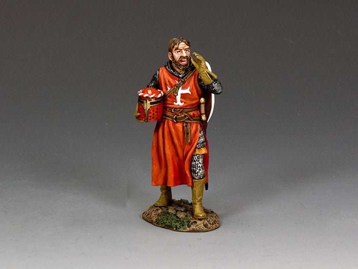 Toy soldier figurine Templar knight figurine with red tunic, shouting orders with helmet in hand and sword at side.