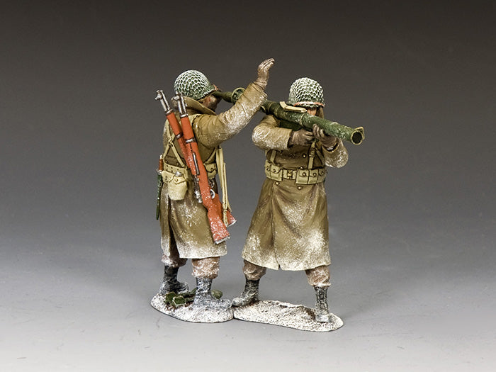 WWII U.S. Bazooka team in winter gear, one aiming the launcher as the other loads. 1/30 scale Battle of the Bulge set.