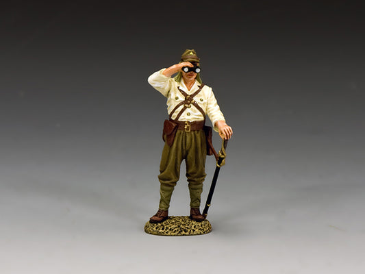 Japanese officer in tropical uniform observes with binoculars, holding sheathed katana in left hand, symbolizing rank and tradition.
