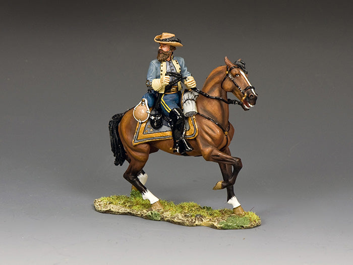 Toy soldier figurine of Confederate General J.E.B. Stuart on horseback, in full uniform with feathered hat, on a grassy base.