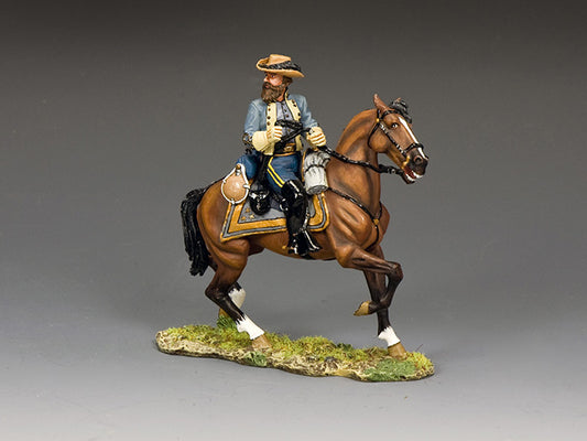 Toy soldier figurine of Confederate General J.E.B. Stuart on horseback, in full uniform with feathered hat, on a grassy base.