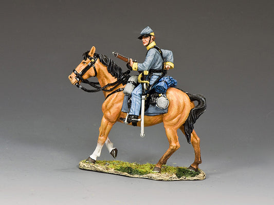 Toy soldier of a Confederate cavalry trooper on horseback loading his carbine, wearing gray uniform and blue trousers.