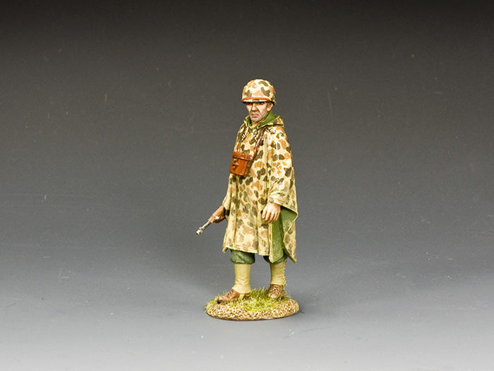 WWII U.S. Marine officer in camo poncho holding pistol. 1/30 scale matte figure from Pacific Theater collection.