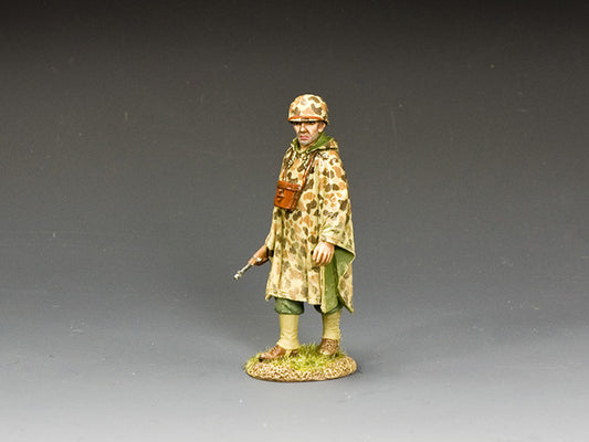 WWII U.S. Marine officer in camo poncho holding pistol. 1/30 scale matte figure from Pacific Theater collection.