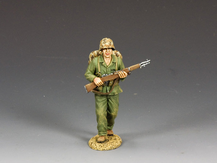 WWII U.S. Marine toy soldier walking with M1 Garand at the ready. 1/30 scale, matte finish.