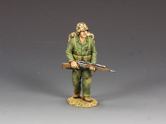 WWII U.S. Marine sniper walking with scoped Springfield M1903A4 rifle, 1/30 scale matte-finished hand-painted figure.