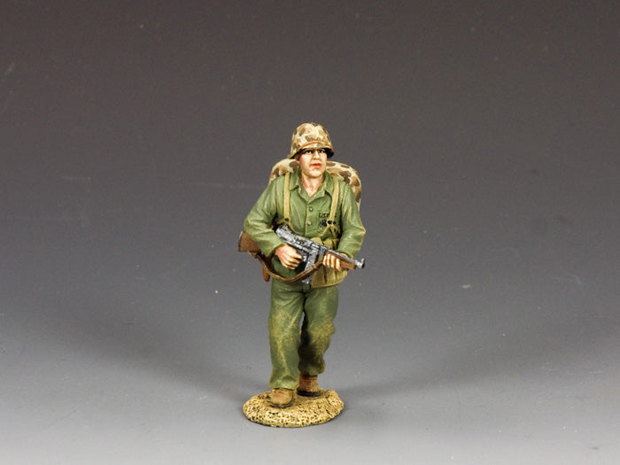 WWII U.S. Marine Sergeant walking with Thompson SMG and Colt M1911 pistol, 1/30 scale hand-painted matte finish.