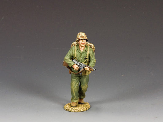 WWII U.S. Marine Sergeant walking with Thompson SMG and Colt M1911 pistol, 1/30 scale hand-painted matte finish.