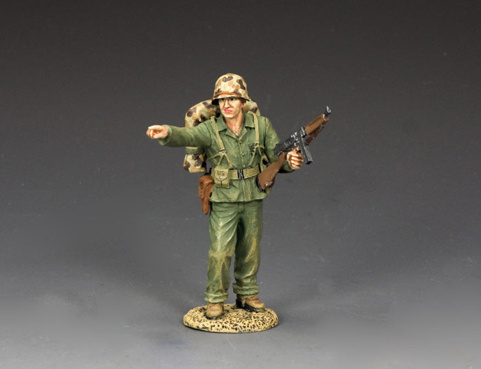 Marine 'Gunny' pointing ahead with Thompson SMG and Colt pistol, WWII Pacific War figure in 1/30 scale matte finish.
