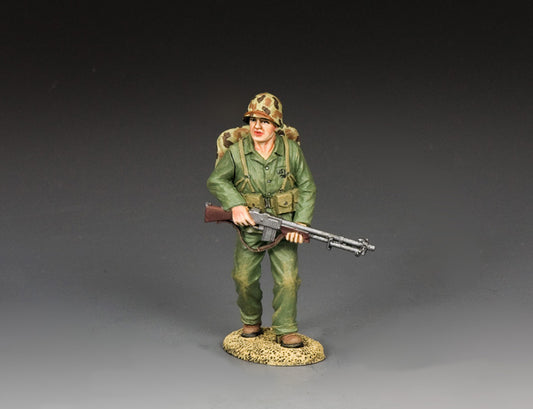 U.S. Marine with BAR. WWII U.S. Marine advancing with BAR and six mag pouches, 1/30 scale hand-painted matte finish collectible figure.