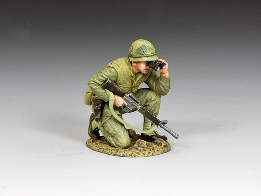 Toy Soldier NCO kneels with M16 and binoculars, scanning enemy positions in jungle fatigues and flak vest.