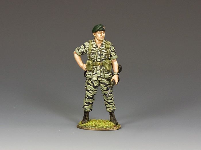 Green Beret colonel in Tiger-Stripe camo, hands on hips, 1/30 scale Vietnam War toy soldier. Matte finish.