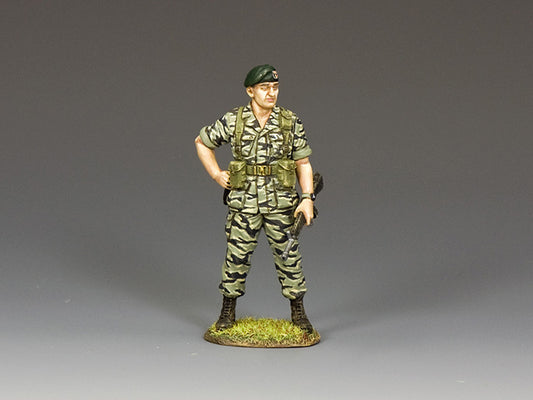 Green Beret colonel in Tiger-Stripe camo, hands on hips, 1/30 scale Vietnam War toy soldier. Matte finish.