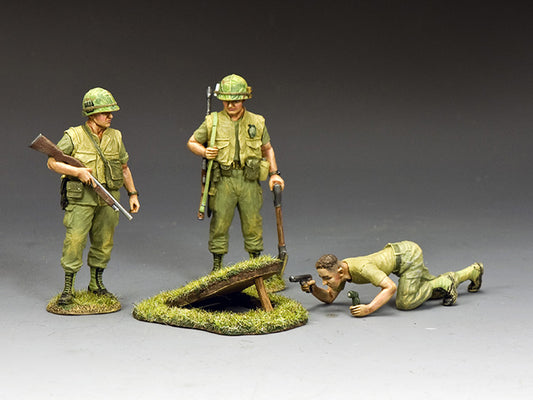 1/30 scale Vietnam set of 3 U.S. soldiers uncovering a tunnel; one crawling with pistol and flashlight, ready to enter. Matte finish.