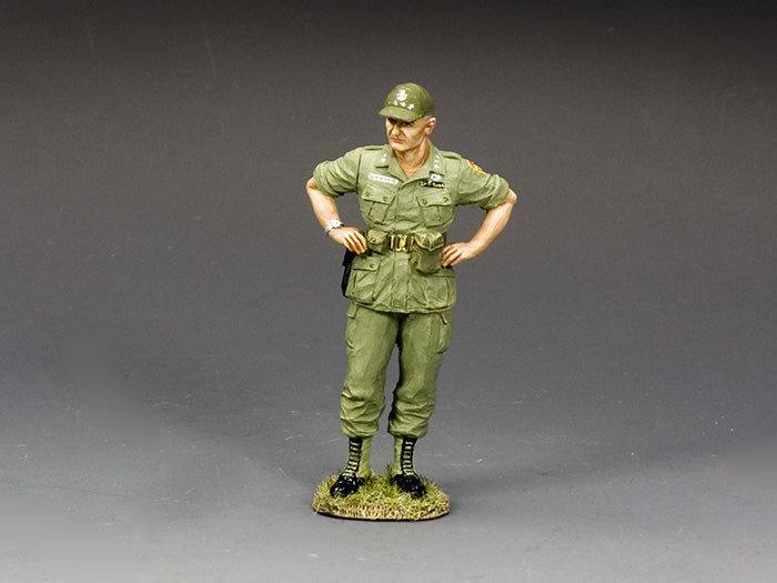 1/30 scale matte figure of Gen. Westmoreland in pressed fatigues and polished boots, hands on hips during Vietnam field visit.