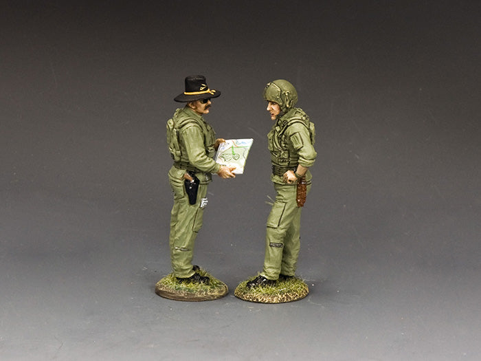 Vietnam War AirCav pilot with Stetson reviews flight map with copilot in helmet and armor. 1/30 scale matte toy soldier set.
