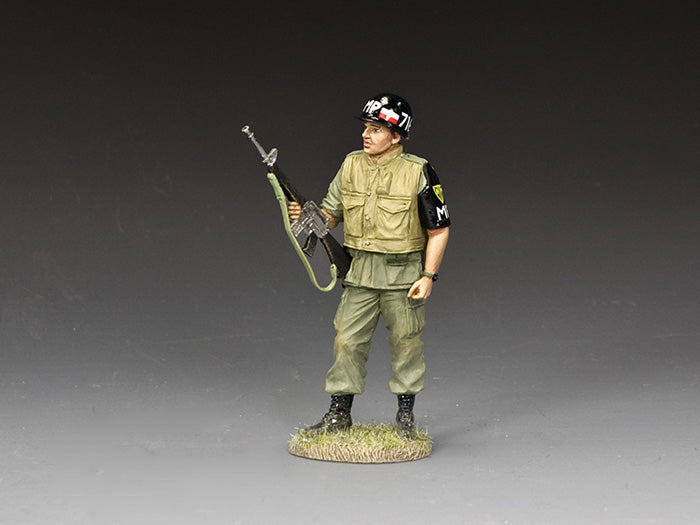 Vietnam War U.S. MP from the 716th Battalion, armed with M16 and .45 pistol, stands guard in Saigon. 1/30 scale, matte finish.