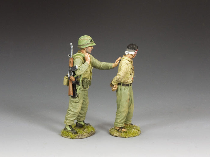 What Me Worry? Vietnam U.S. Marine escorts blindfolded NVA prisoner with AK-47; flak vest reads “What Me Worry?” from MAD Magazine. 1/30 scale.