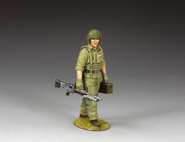 Vietnam Huey door gunner carrying M60 and ammo can, dressed in flak vest and helmet. 1/30 scale, matte finish.