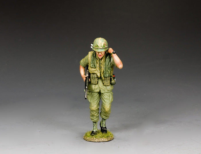 Vietnam War U.S. infantryman with M16 and neck towel, walking forward under heat, fatigued but determined. 1/30 scale matte finish.