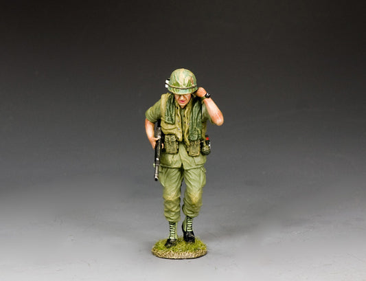 Vietnam War U.S. infantryman with M16 and neck towel, walking forward under heat, fatigued but determined. 1/30 scale matte finish.