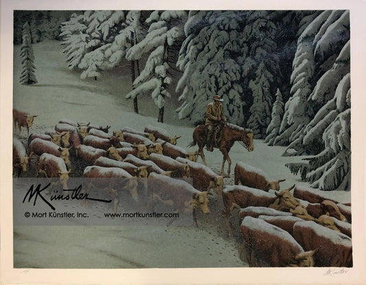 Mort Künstler wall art print Early Snow. Cowboy herding cattle.