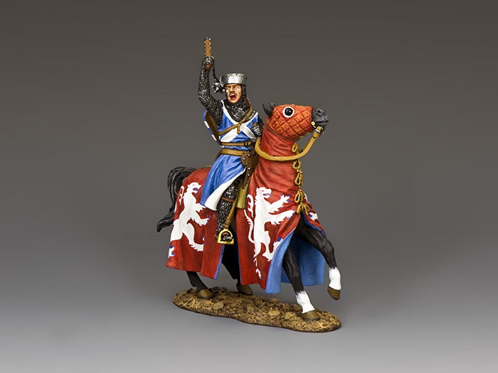Mounted toy soldier of Sir William Wallace in chainmail, raising a flail, with heraldic red and blue horse barding featuring white lions.