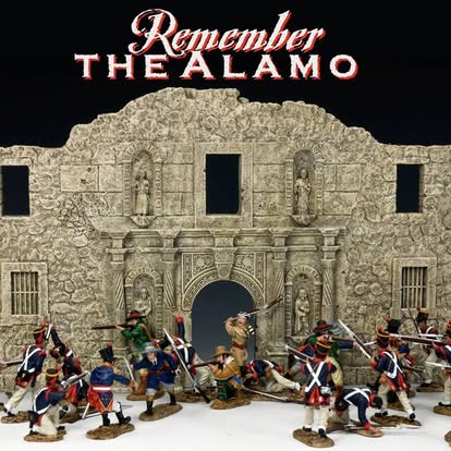 Model figures in front of a building with 'Remember The Alamo' text