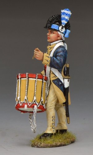 Model of a historical figure with a drum and uniform on a gray background