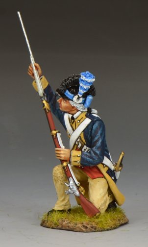 Kneeling Washington’s Guard toy soldier using a ramrod to reload his musket, wearing blue coat and tricorn with plume.
