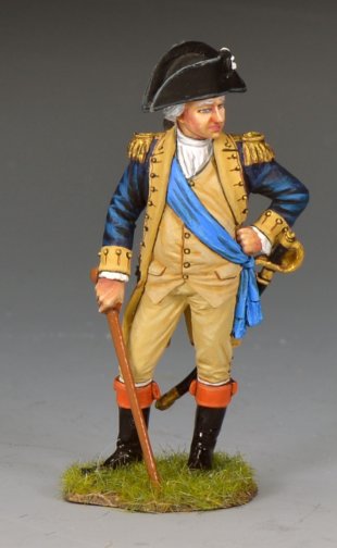 The George Washington figurine depicts a man in 18th-century military uniform with a tricorn hat, blue sash, tan coat, and black boots, holding a cane and standing on grass against a gray background.