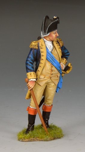 The George Washington military miniature depicts a man in 18th-century military uniform with a tricorn hat, blue sash, tan coat, and black boots, holding a cane and standing on grass against a gray background.