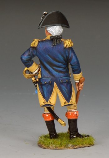 Rear view of toy soldier George Washington dressed in blue and yellow.